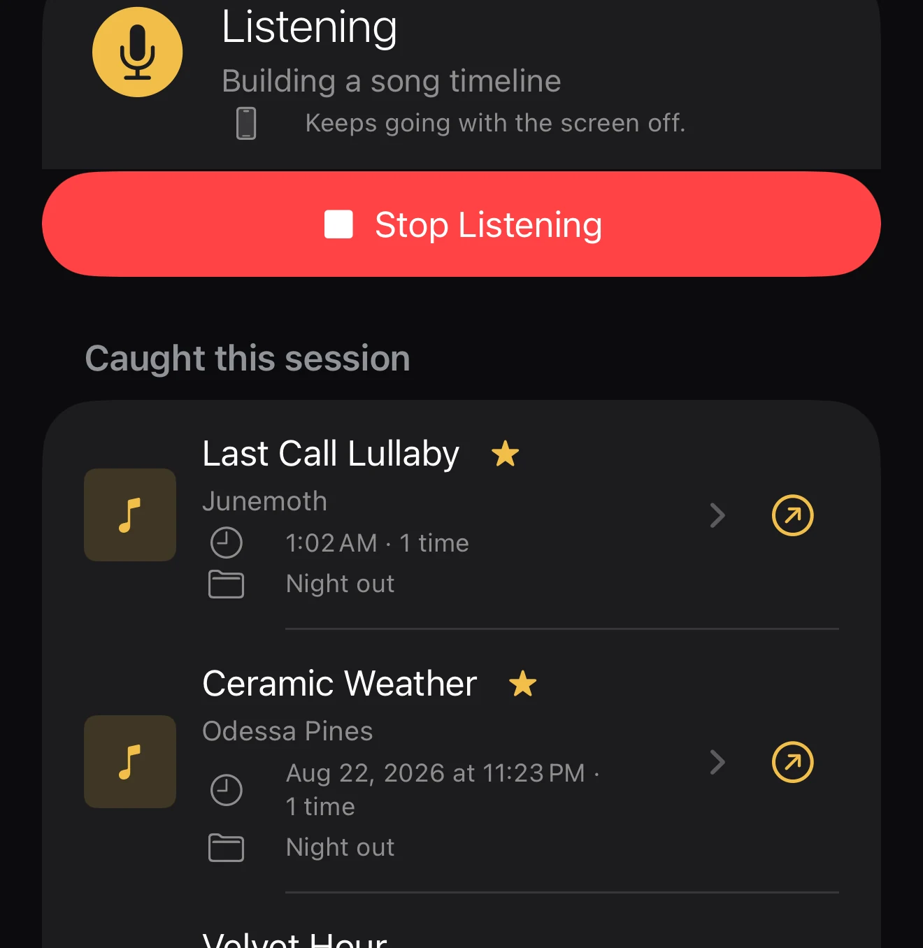 EavesJam Listen screen during a session: status reads Listening, keeps going with the screen off, with a Stop control and the songs caught so far.