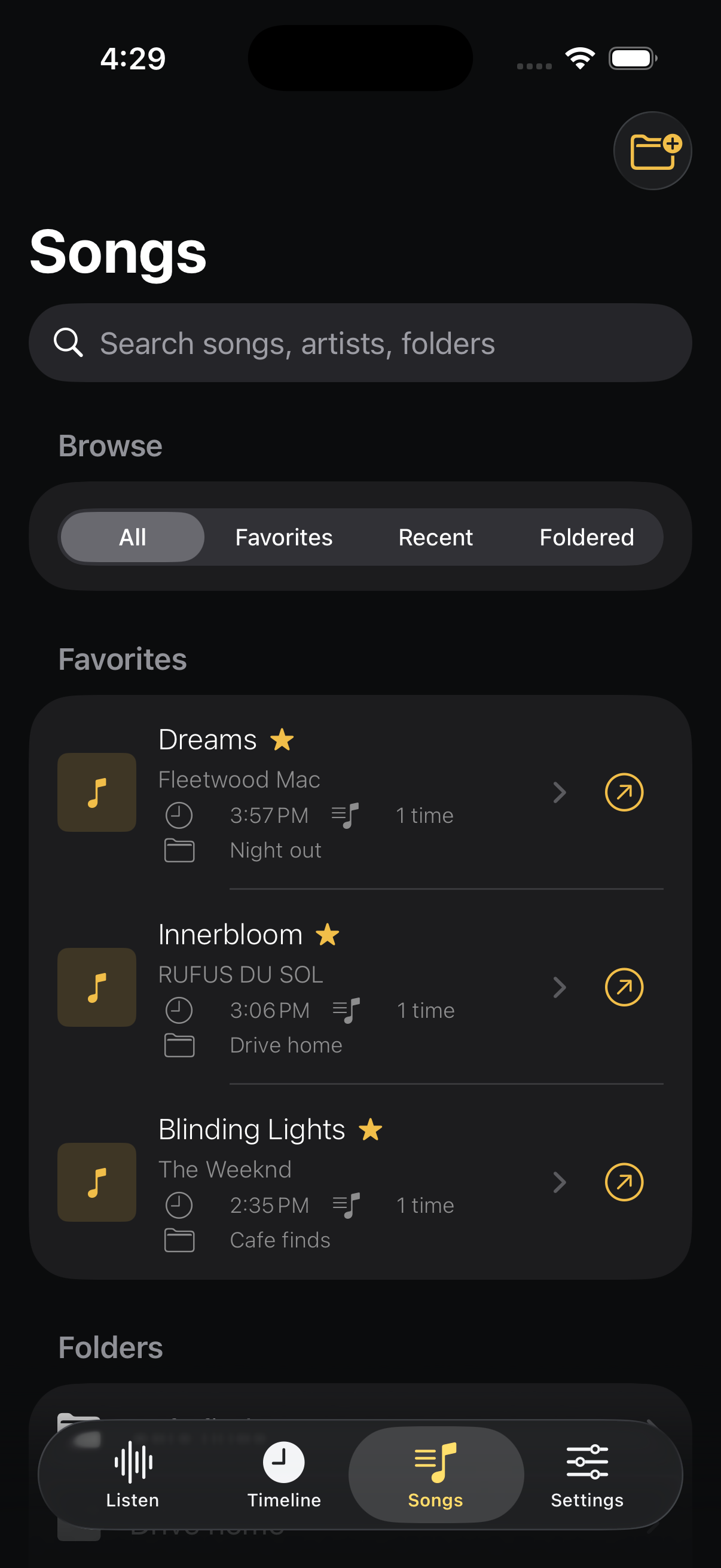 Songs screen with favorites, folders, recent songs, and all songs.